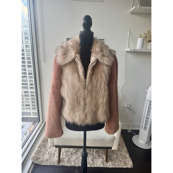ASOS Pink & Cream Cropped Faux Fur Soft Zip Front Jacket Size 10 Medium NEW! - Picture 1 of 6
